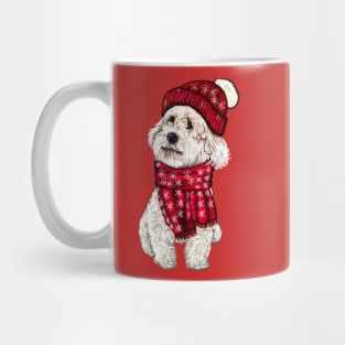 cavalier king charles spaniel,  white Cavapoo Cavoodle in festive red winter hat and scarf with snowflakes - cute cavalier king charles spaniel snug in a snowflake themed scarf Mug